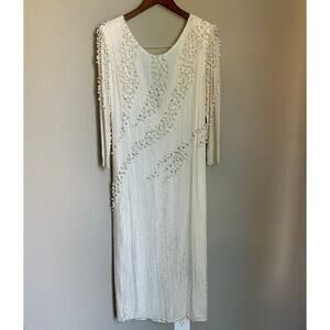Vintage Sho Max Silk Beaded Maxi Dress Off-White Scoop Neck Bride Wedding